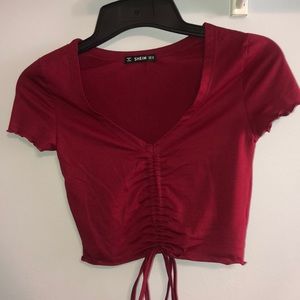 Shein Dark Red Ruffle V-Neck Crop Top (SIZE XS)